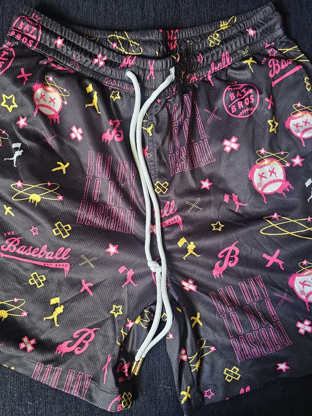 Adult Baseballism Black Graphic Baseball Shorts with Pink & Yellow Print